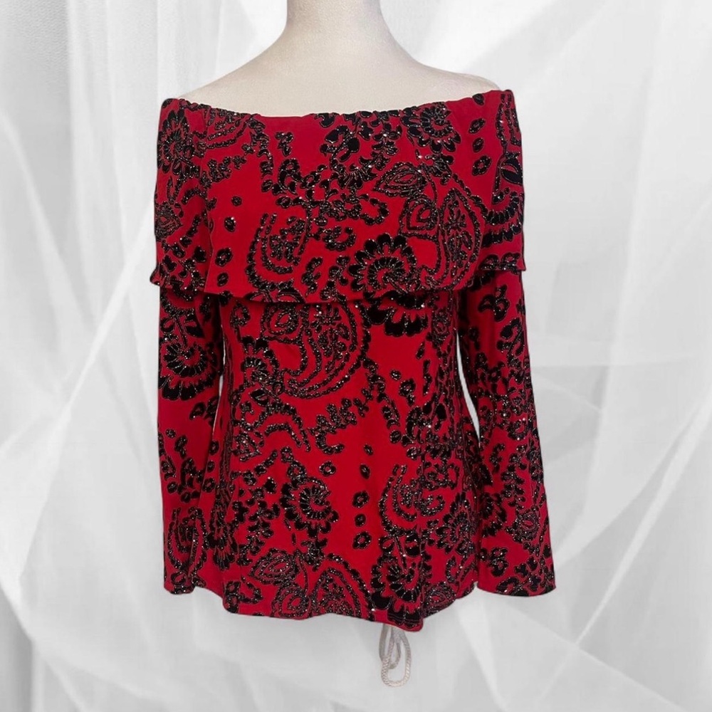 Chic Off-Shoulder Red and Black Paisley Blouse